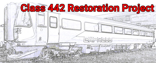 Stylized photo of 442401’s DTS(A) 77382 standing outside Eastleigh Works.